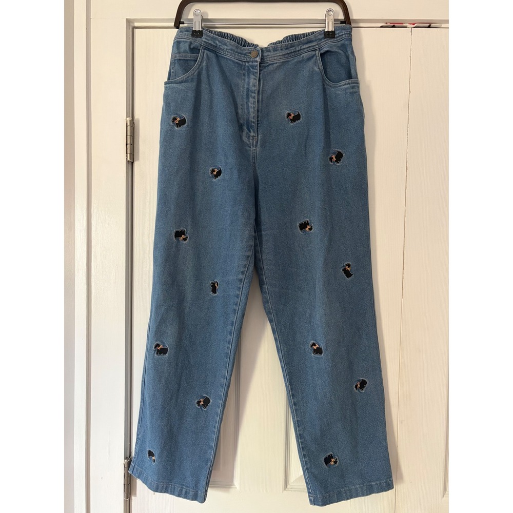 Quacker Factory Size Large Scottie Dog Embroidered Jeans Medium Wash Stretch EUC